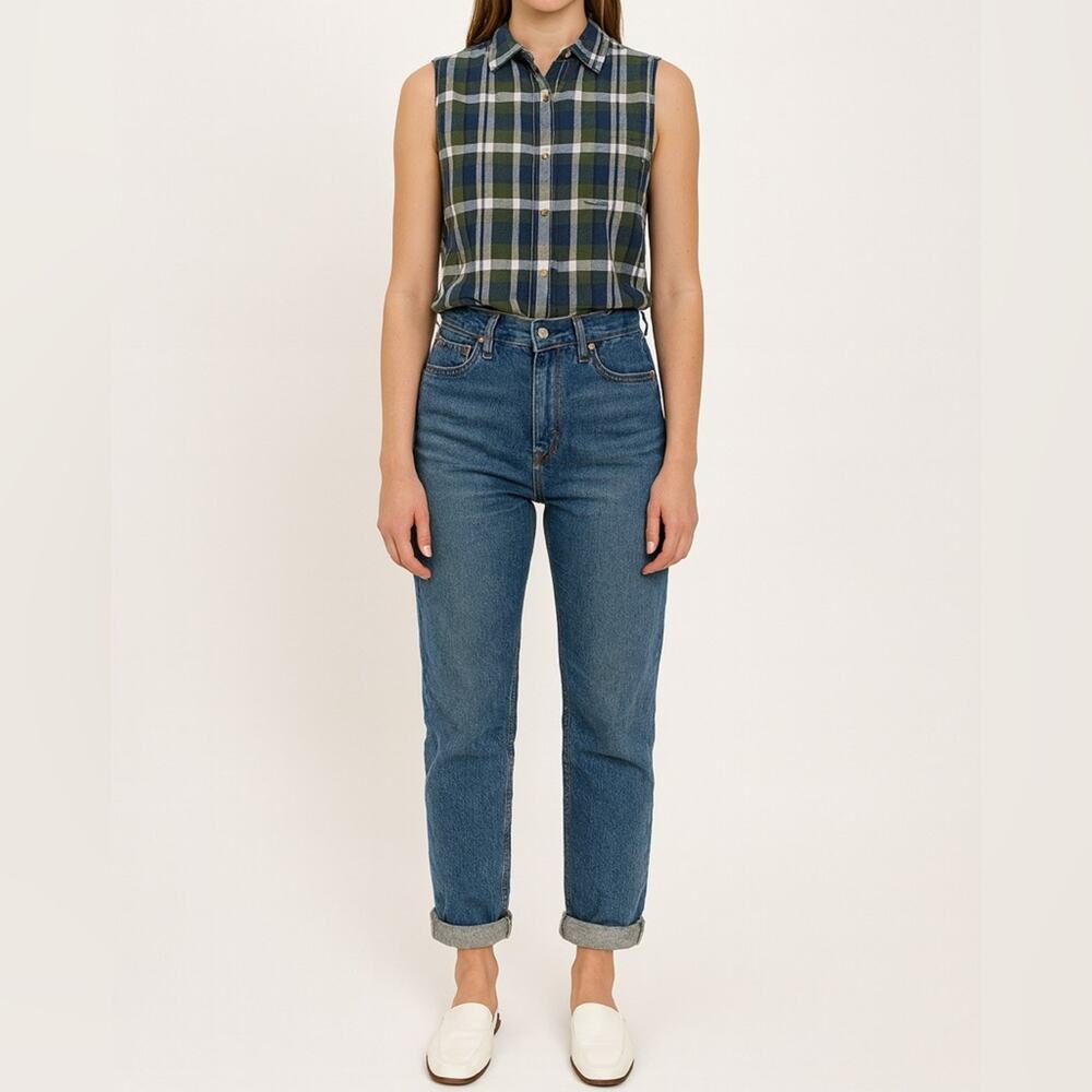 VINTAGE CHIC 90s Sleeveless Plaid Button-Up Shirt | M | Green Blue | 100% Cotton